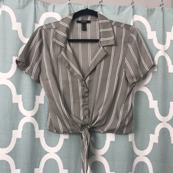 Grey Striped Tie Front Blouse - Picture 2 of 5